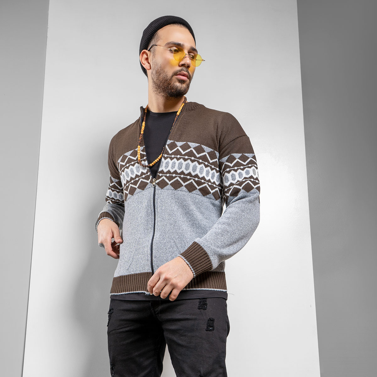 سوئیشرت بافت قهوه ای طوسی مردانه مدل Ezad