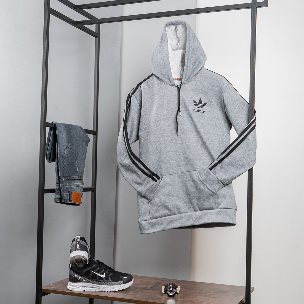 هودی مردانه آدیداس آستین خط دارمدل Tekin