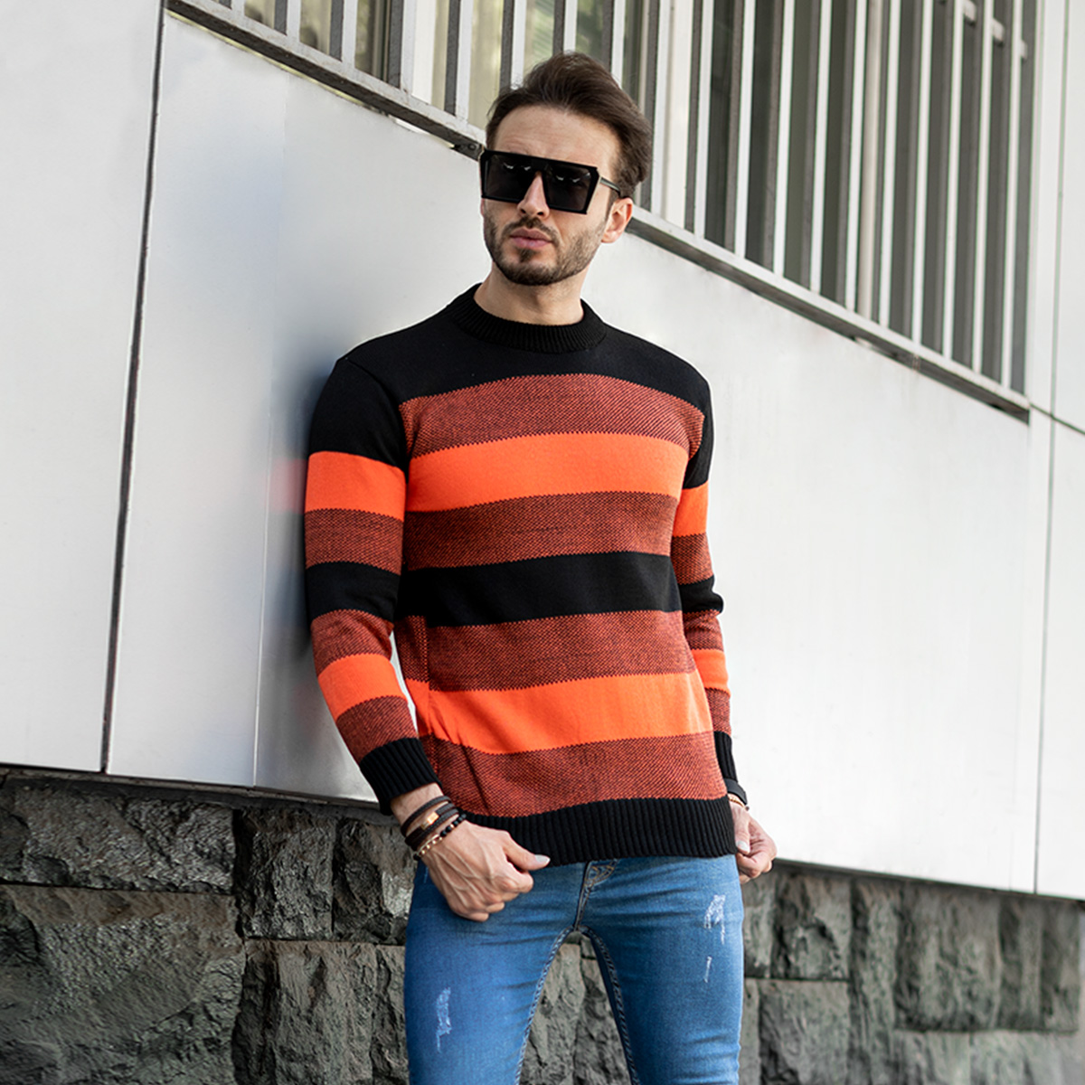 پلیور مردانه راه راه نارنجی مدل David