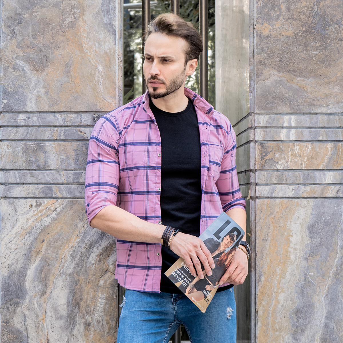 پیراهن چهارخانه(T) درشت صورتی مدل Dgr