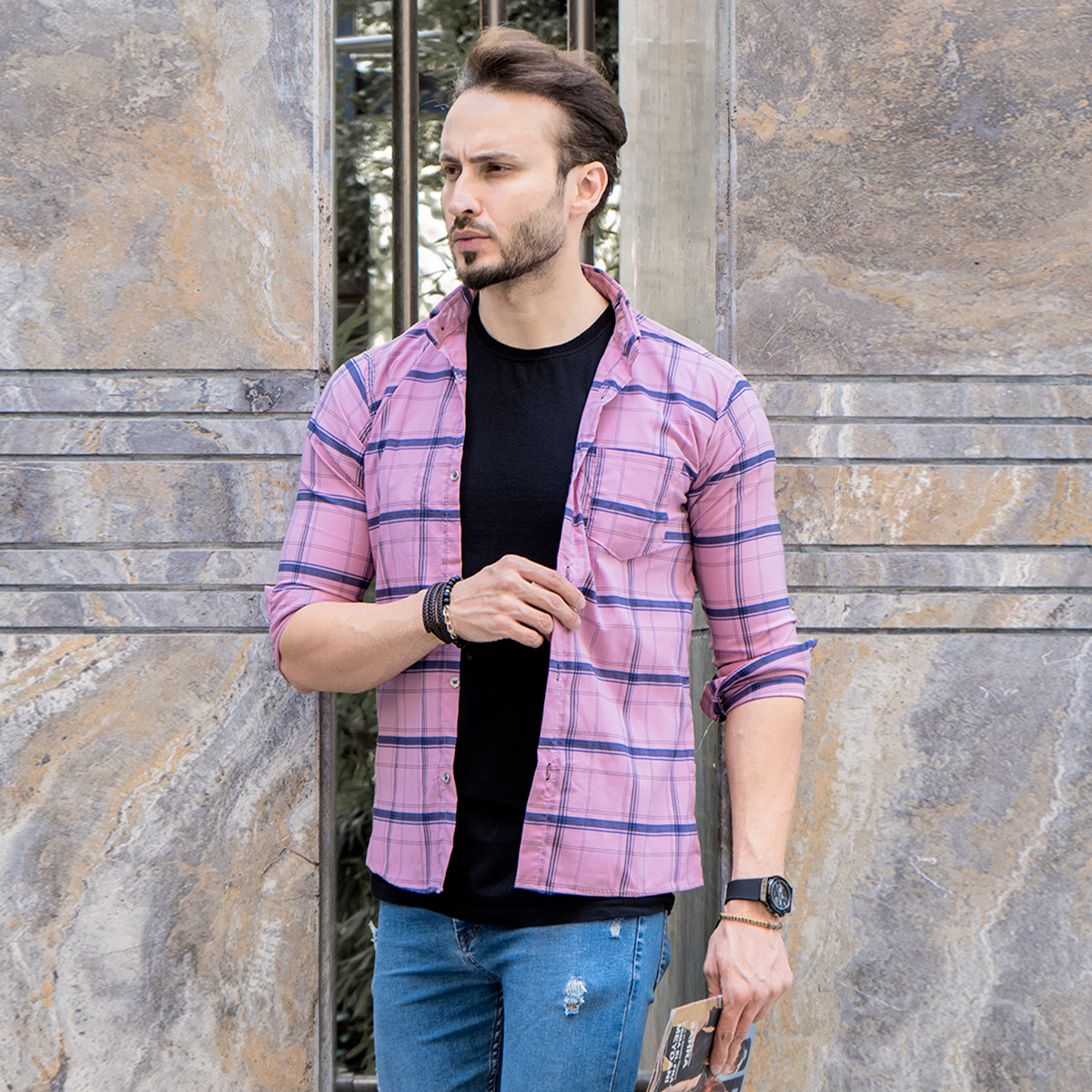 پیراهن چهارخانه(T) درشت صورتی مدل Dgr