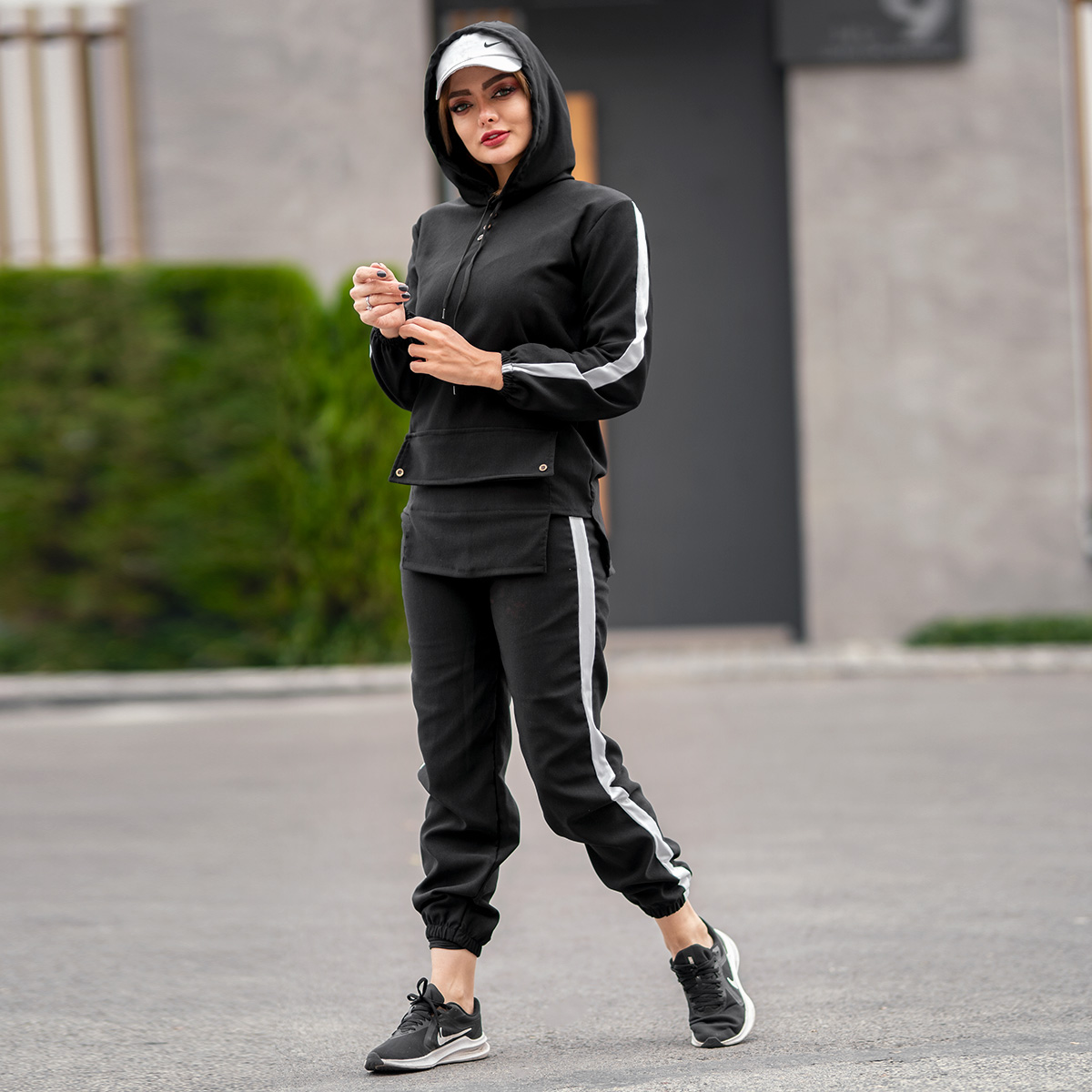 ست هودی شلوار جیب جلو مشکی دخترانه مدل Erina