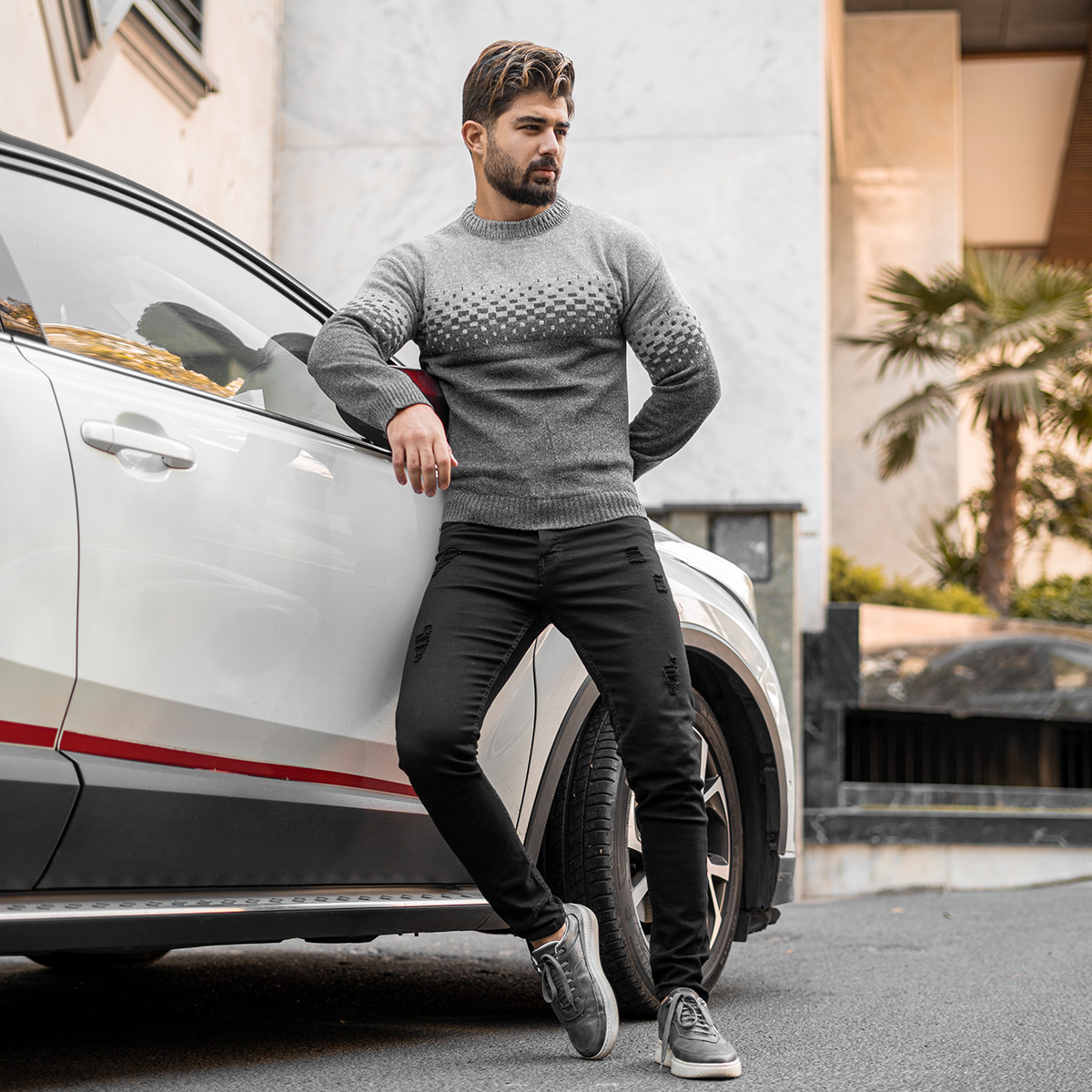 پلیور مردانه دو رنگ طوسی ذغالی مدلShatel