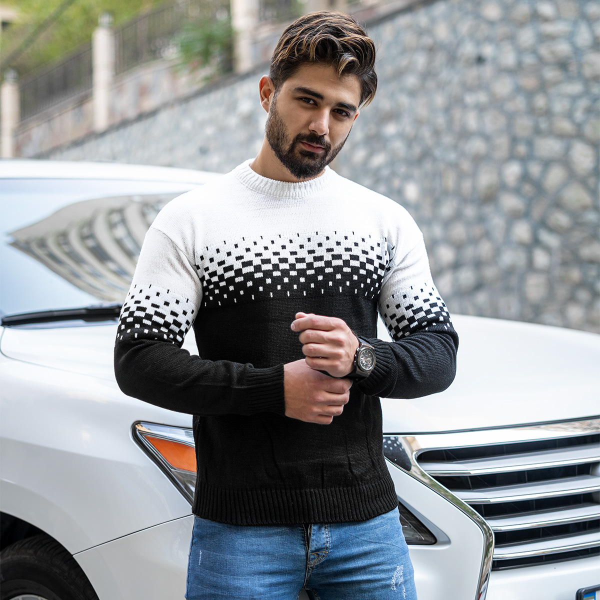 پلیور مردانه دو رنگ سفید مشکی مدلShatel
