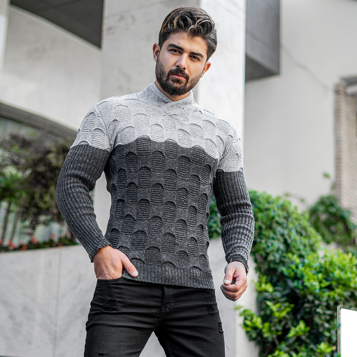 پلیور دورنگ طوسی ذغالی مردانه مدلArkia