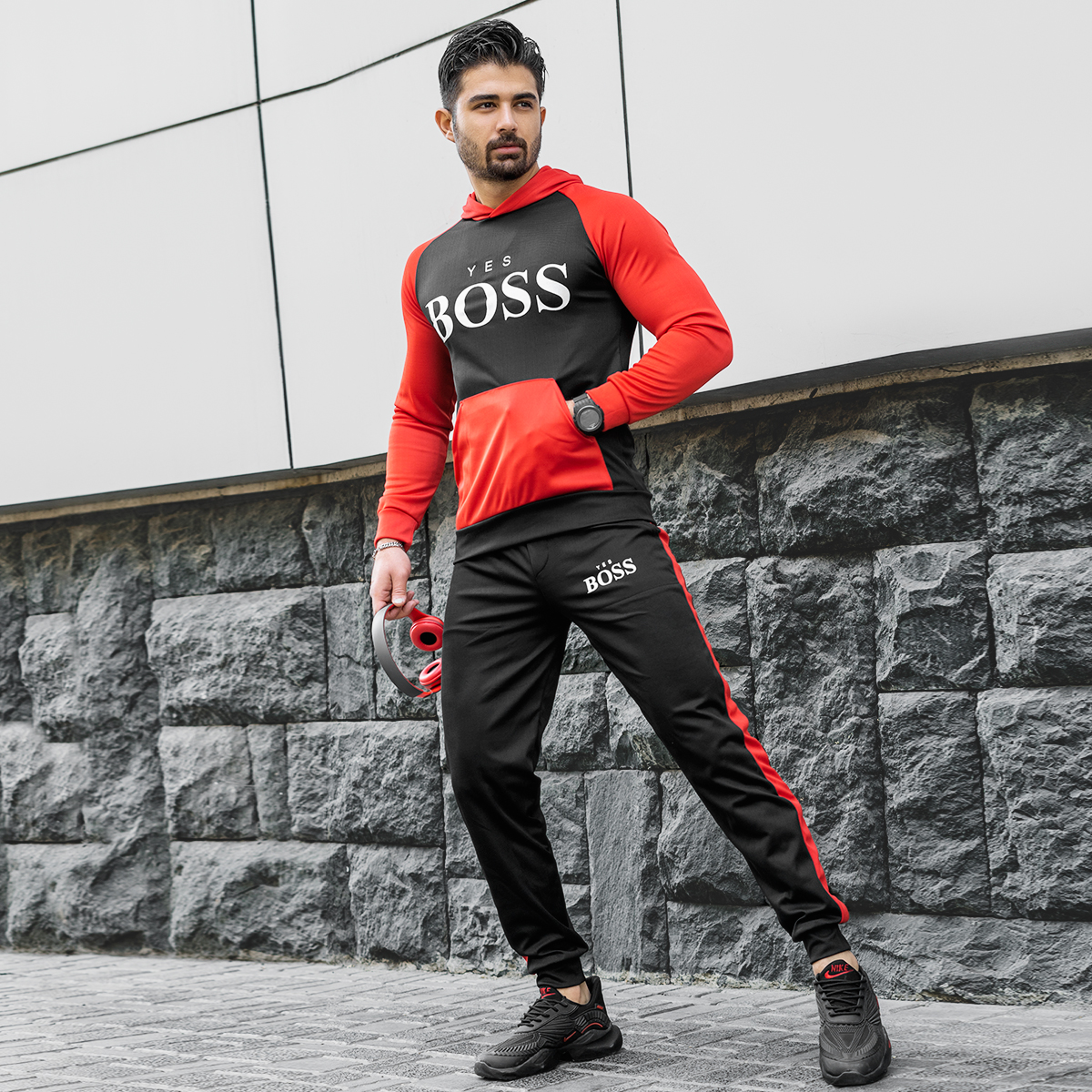 ست هودی شلوار BOSS مردانه قرمز مشکی مدل Varm