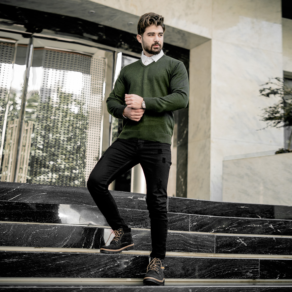 پلیوربافت یقه هفت سبز مردانه مدلETM