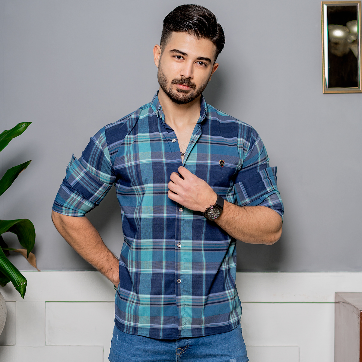 پیراهن مردانه آبی سرمه ای مدل himo