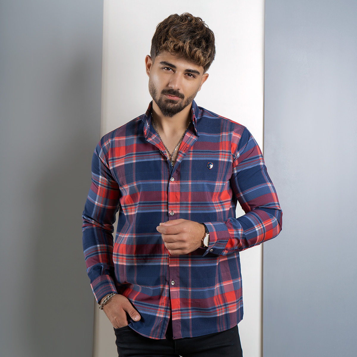 پیراهن مردانه آبی قرمز مدل himo