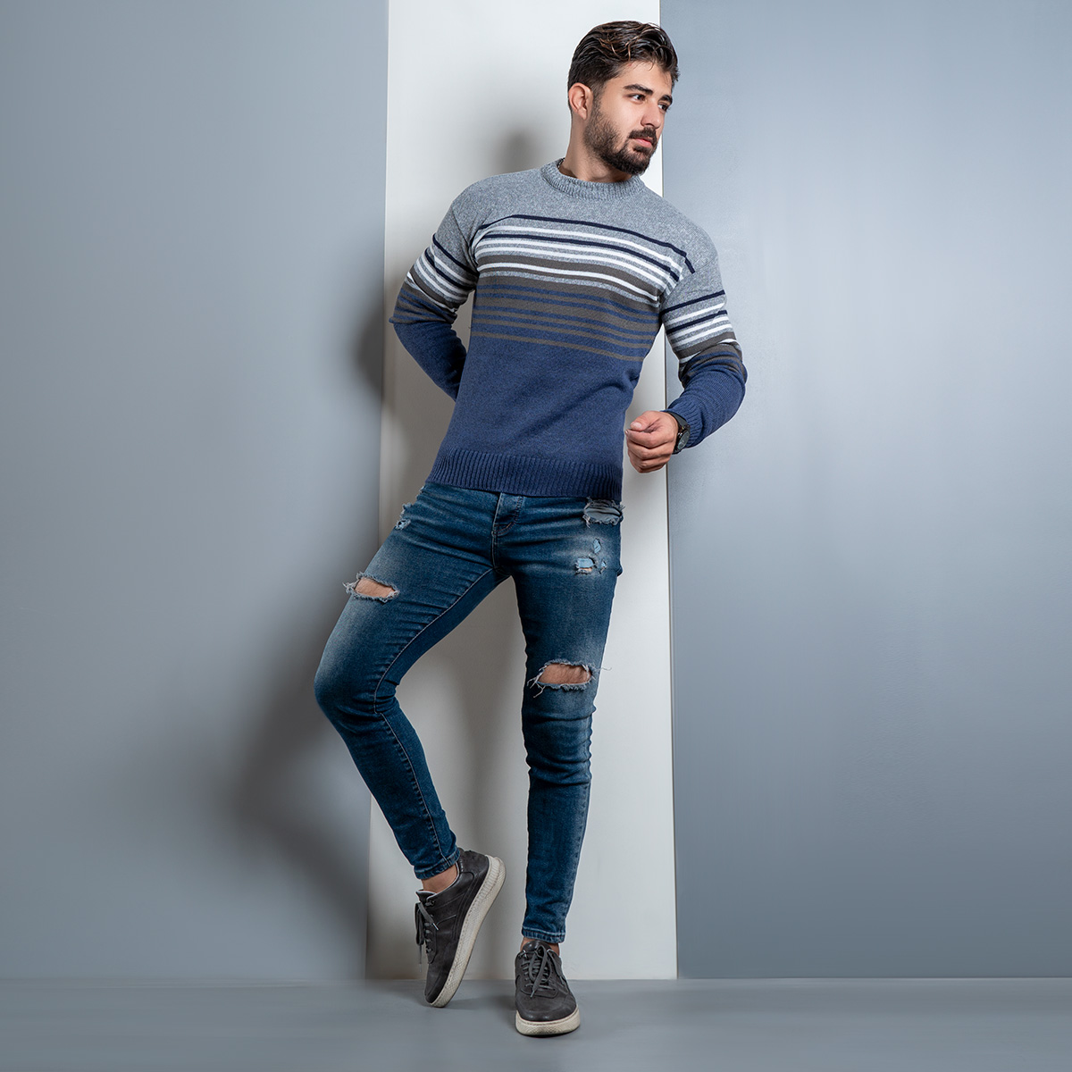 پلیور راه راه سرمه ای کرم(T) مردانه مدل nahed