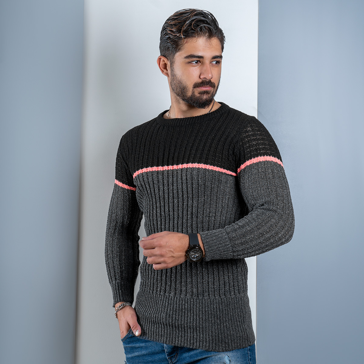 پلیور اندامی (T) ذغالی مشکی مردانه مدل Adnan