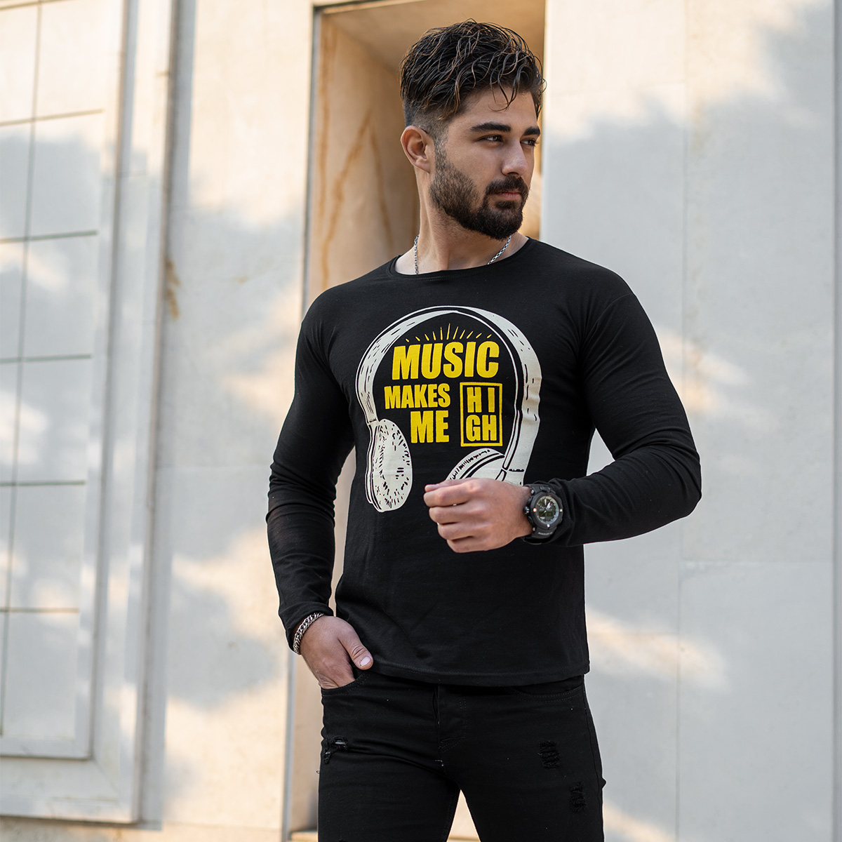 تیشرت آستین بلند مردانه طرح هدست مشکی مدل O22