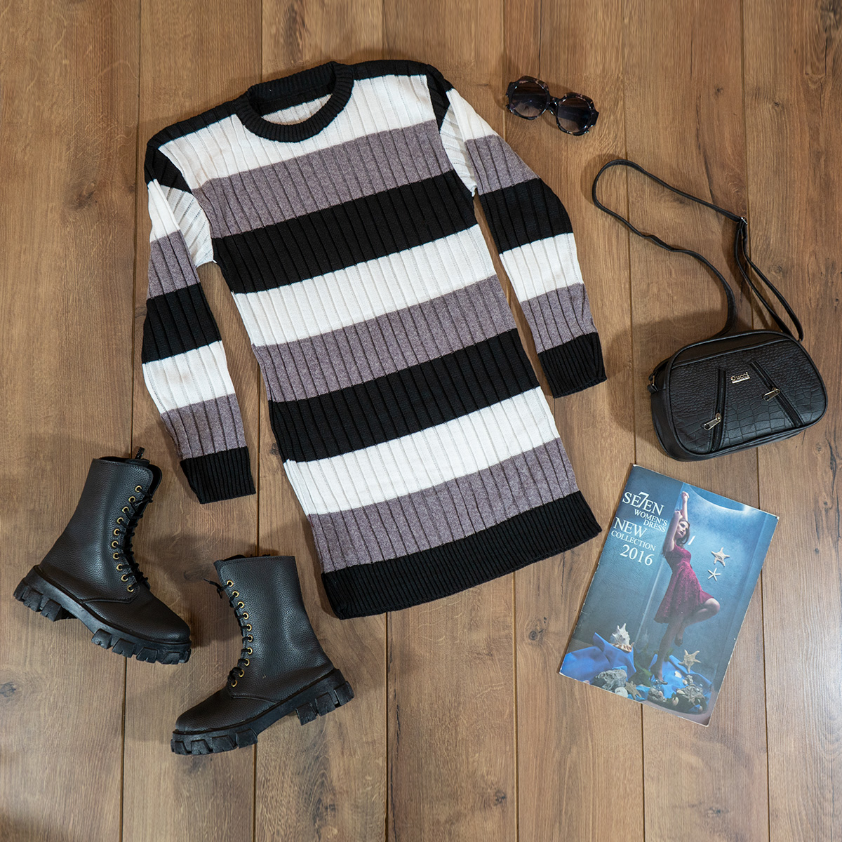 تونیک بافت زنانه راه راه سفید یاسی مدل kareno