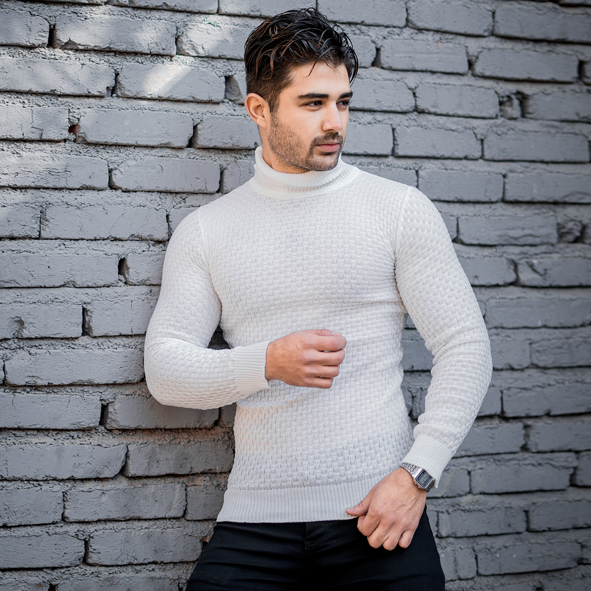 پلیور یقه اسکی مردانه سفید مدل Oktav