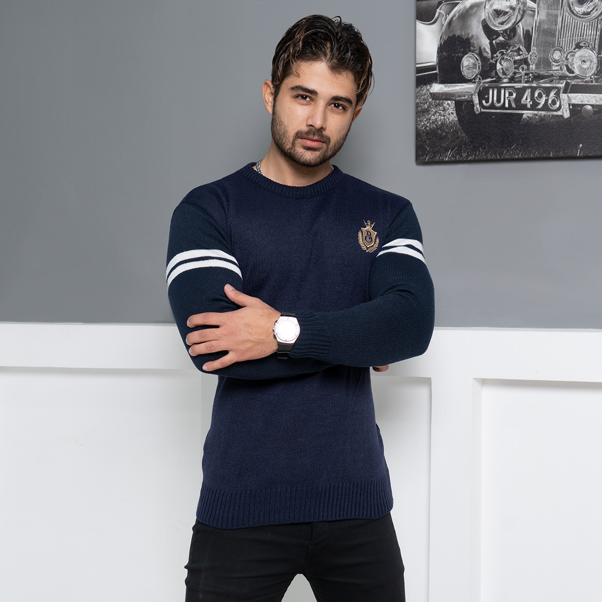 پلیور مردانه سرمه ای مدل Akar
