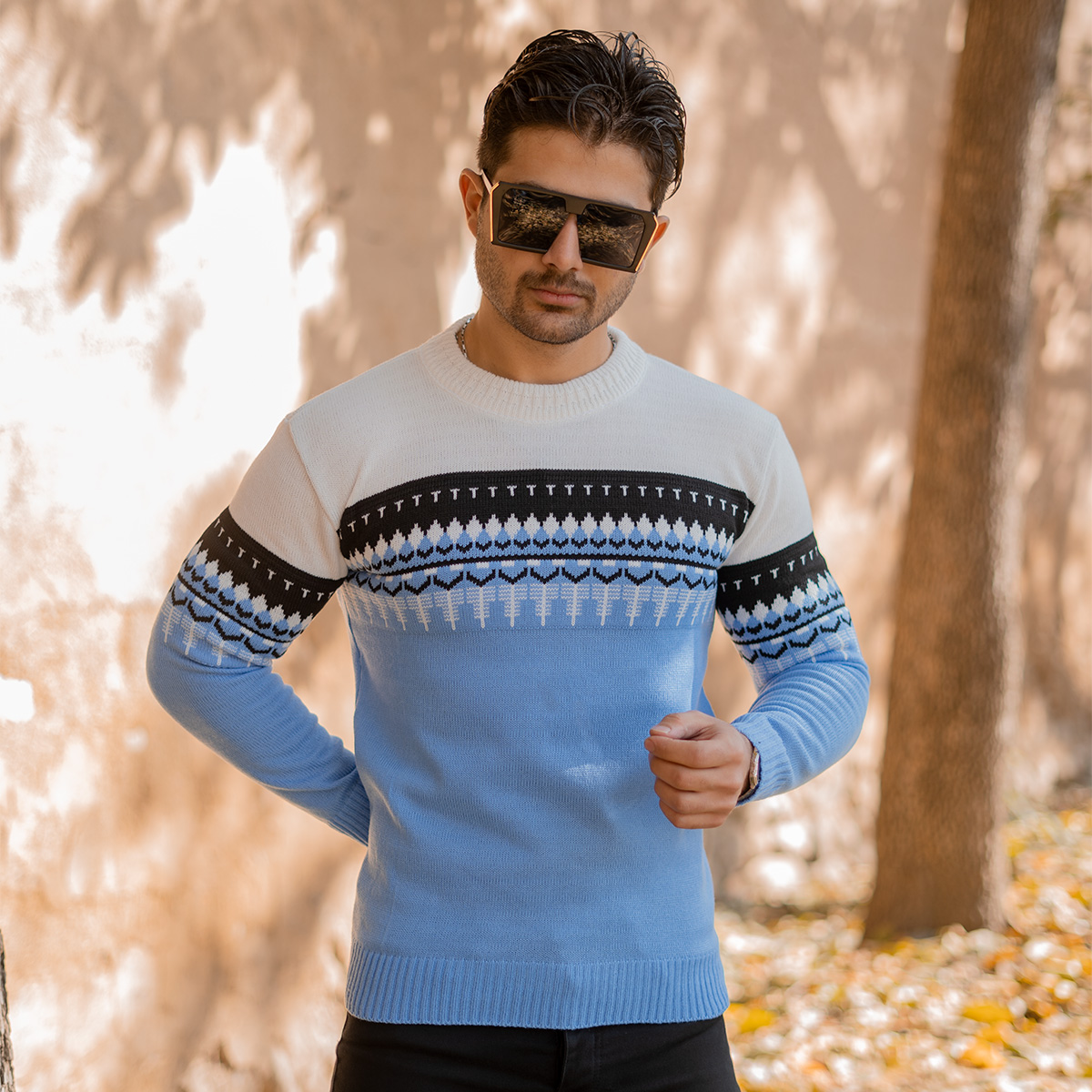 پلیور ژاکارد آبی فولادی مردانه مدل Sami