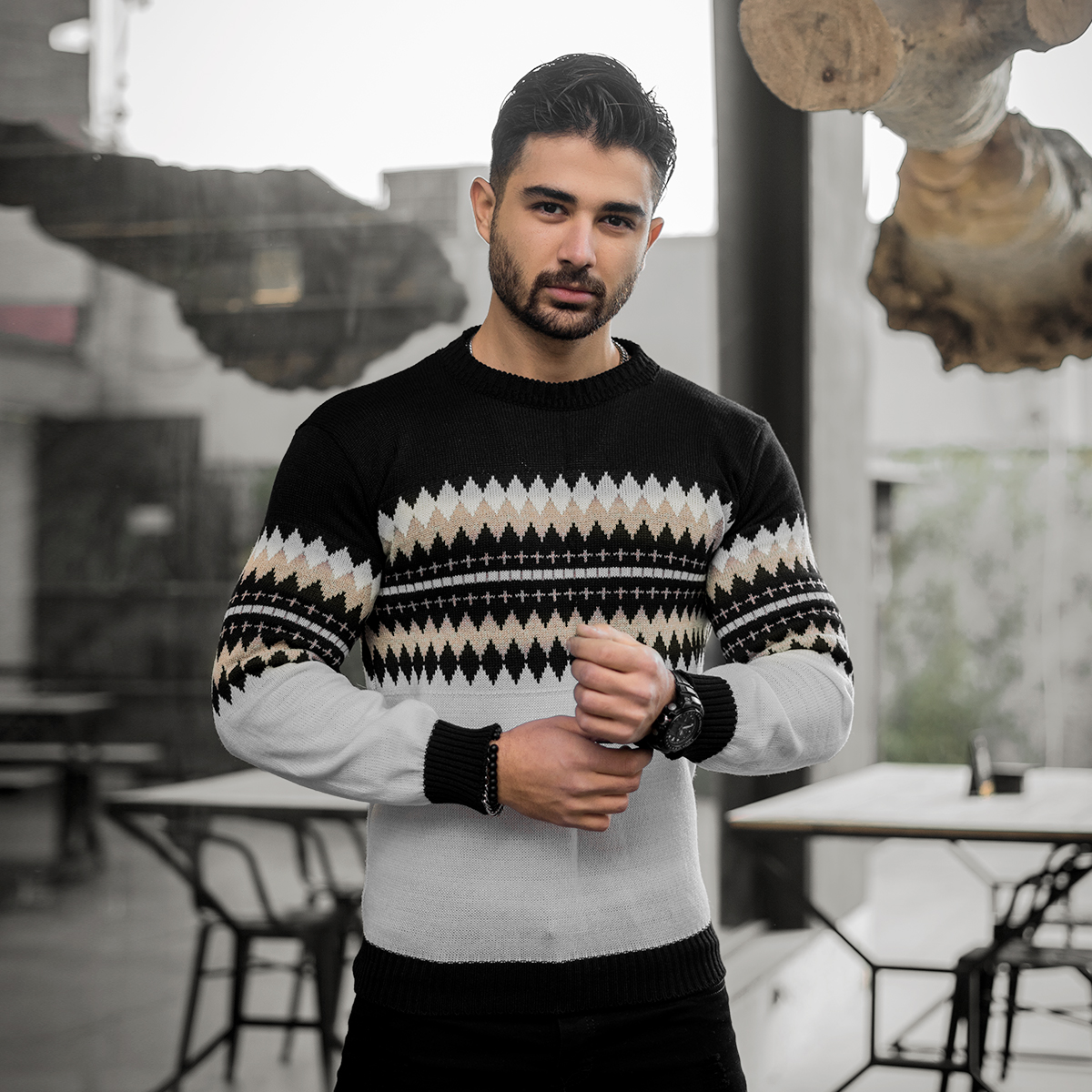 پلیور ژاکارد سفید مشکی مردانه مدلSami