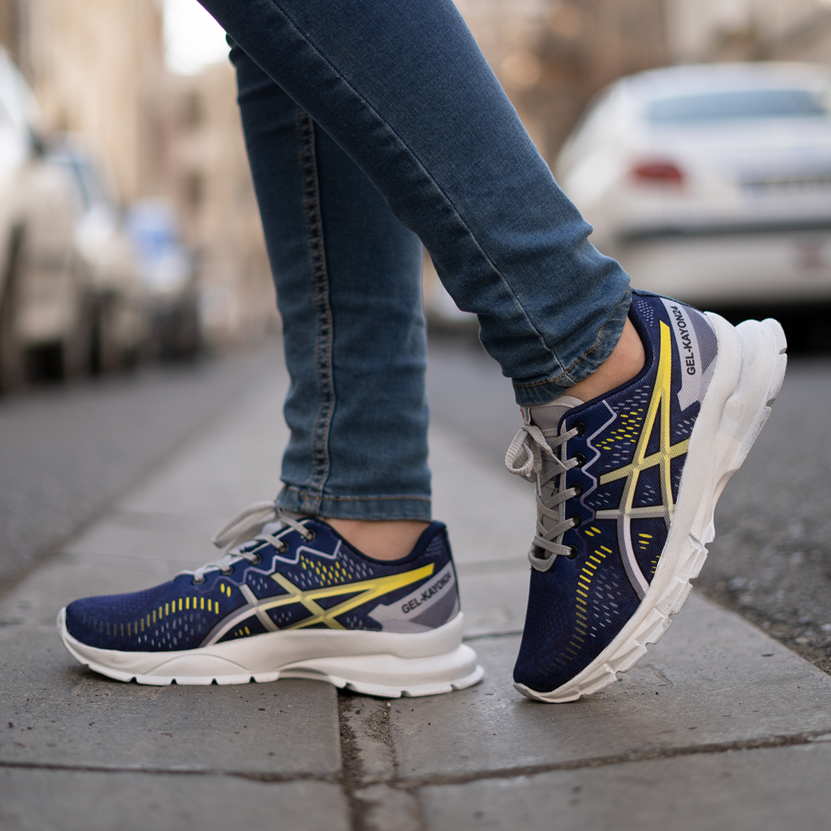 کفش مردانه اسیکس سرمه ای زرد مدل dahak