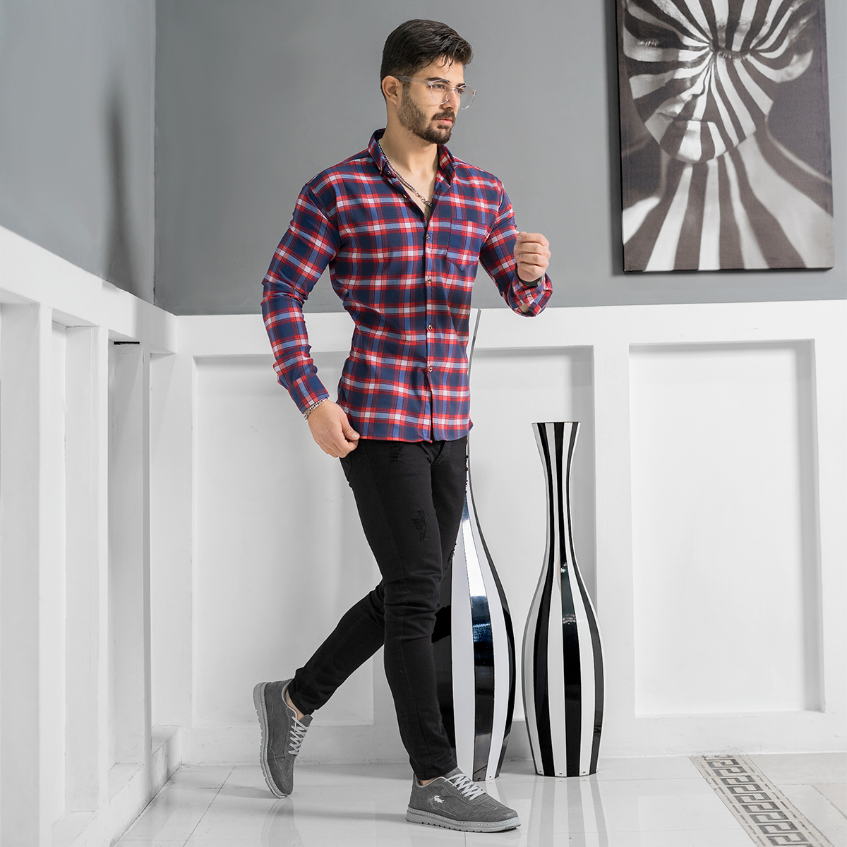 پیراهن مردانه چهارخونه سرمه ای قرمز مدل Tivon