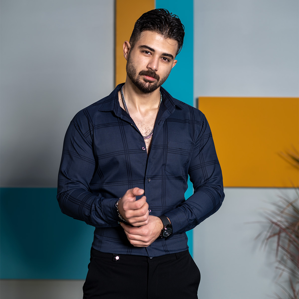 پیراهن مردانه چهارخونه سرمه ای مدل Ravin