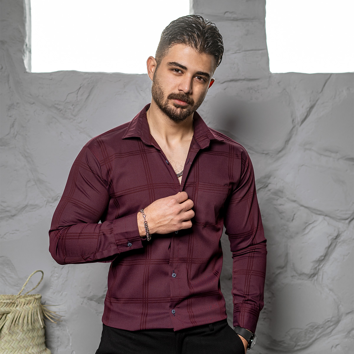 پیراهن مردانه چهارخونه زرشکی مدل Ravin