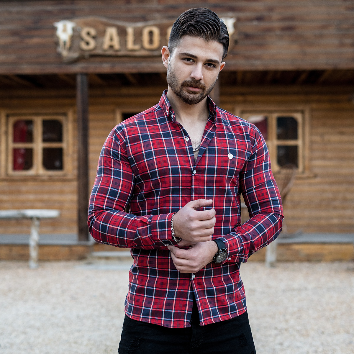 پیراهن چهارخونه قرمز مردانه مدل katin