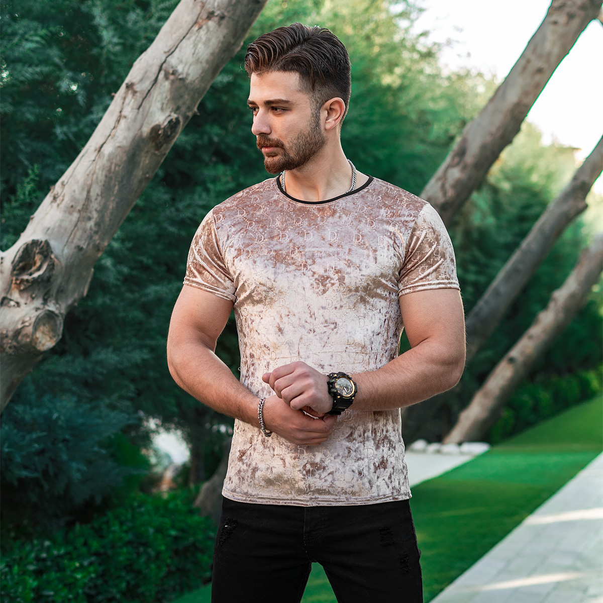 تیشرت مخمل کرم مردانه مدل Dior