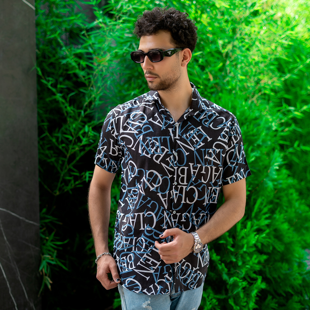 پیراهن هاوایی مردانه مشکی آبی مدل ABC