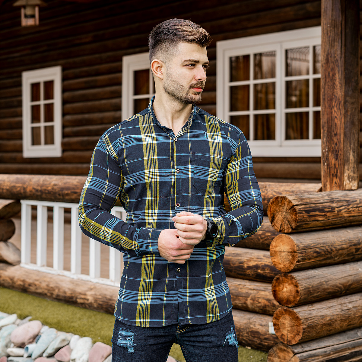 پیراهن راه راه مردانه زرد آبی مدلwigo