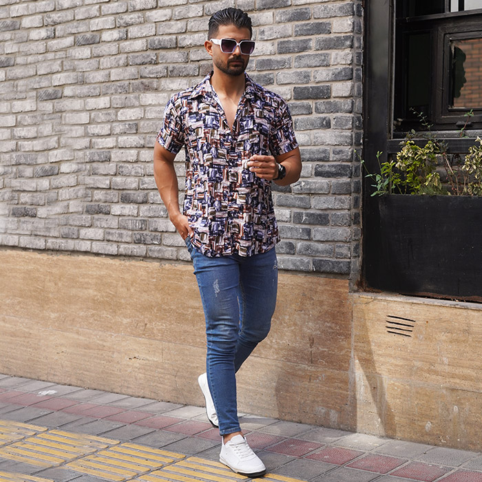 پیراهن هاوایی آبرنگی مربعی مردانه مدل T22
