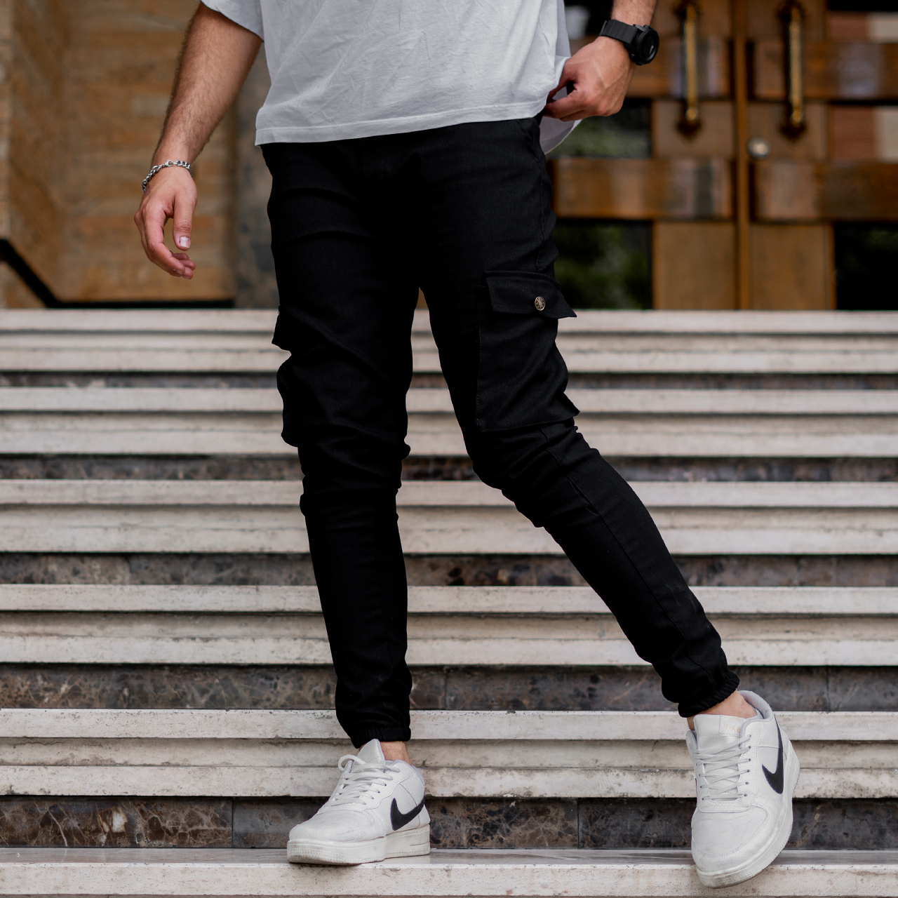 شلوار اسلش مردانه جیب دکمه ای مشکی مدل baten