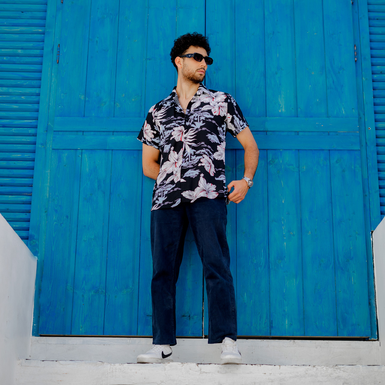 پیراهن هاوایی مردانه طرح گل آبی مدل Panin