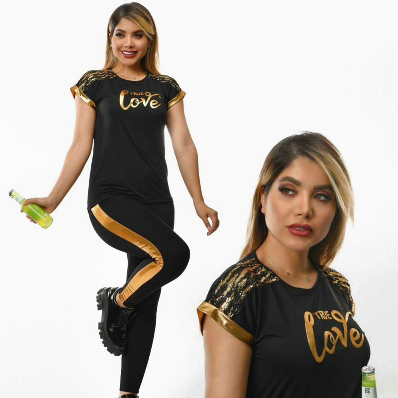 ست تیشرت و شلوار love دخترانه طلایی مدل Raha