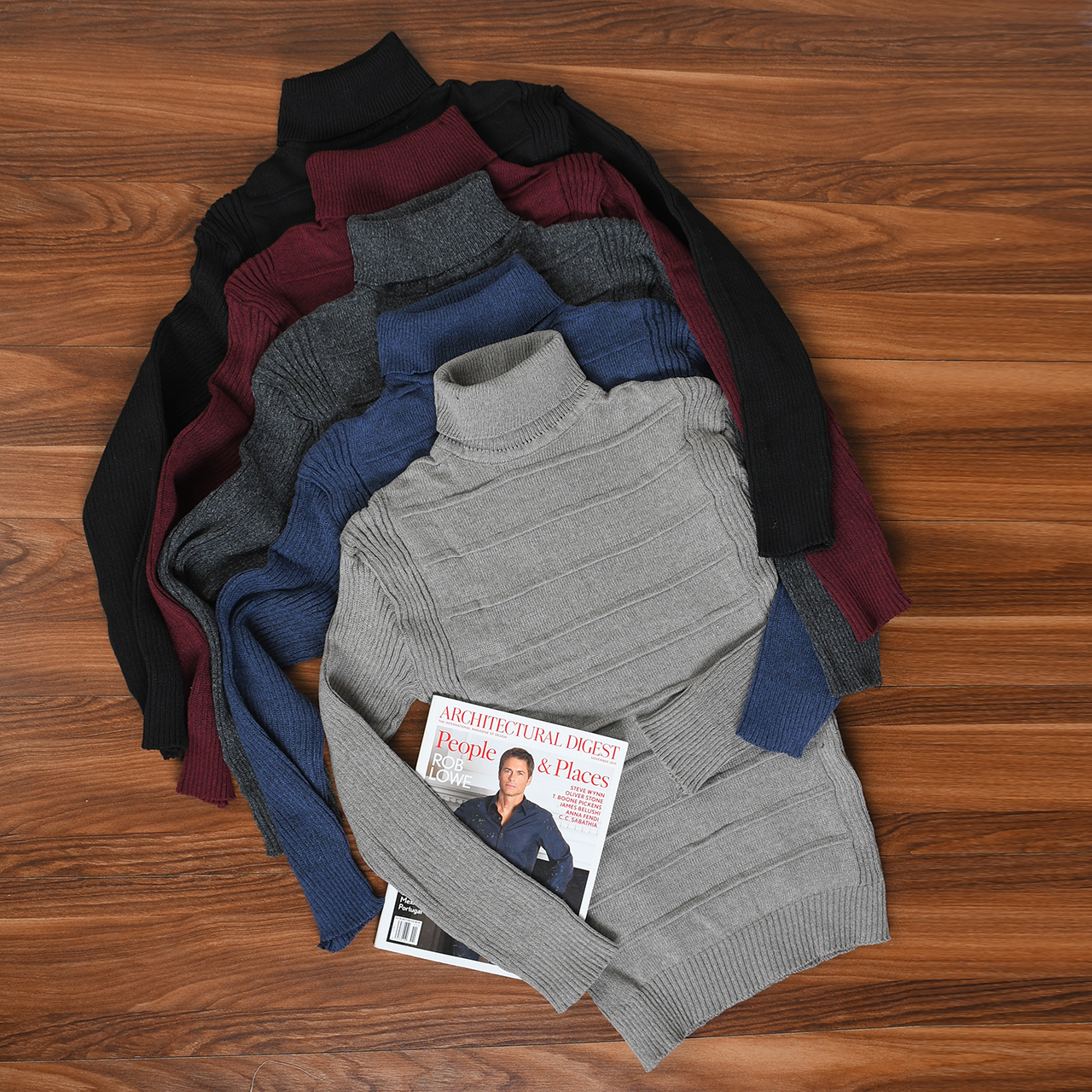 پلیور یقه اسکی آبی طرح کرکره ای مردانه مدلR10