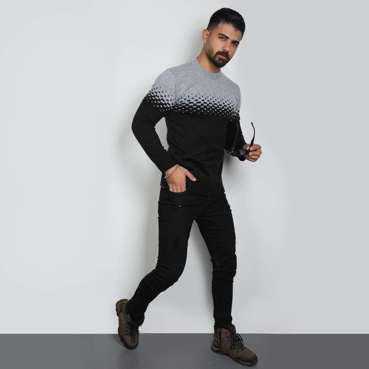 پلیور مردانه دو رنگ مشکی طوسی مدلShatel