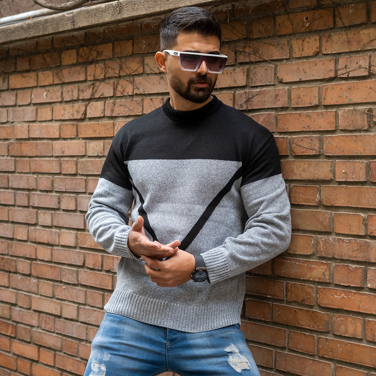 پلیور مردانه طوسی مشکی مدل Y900