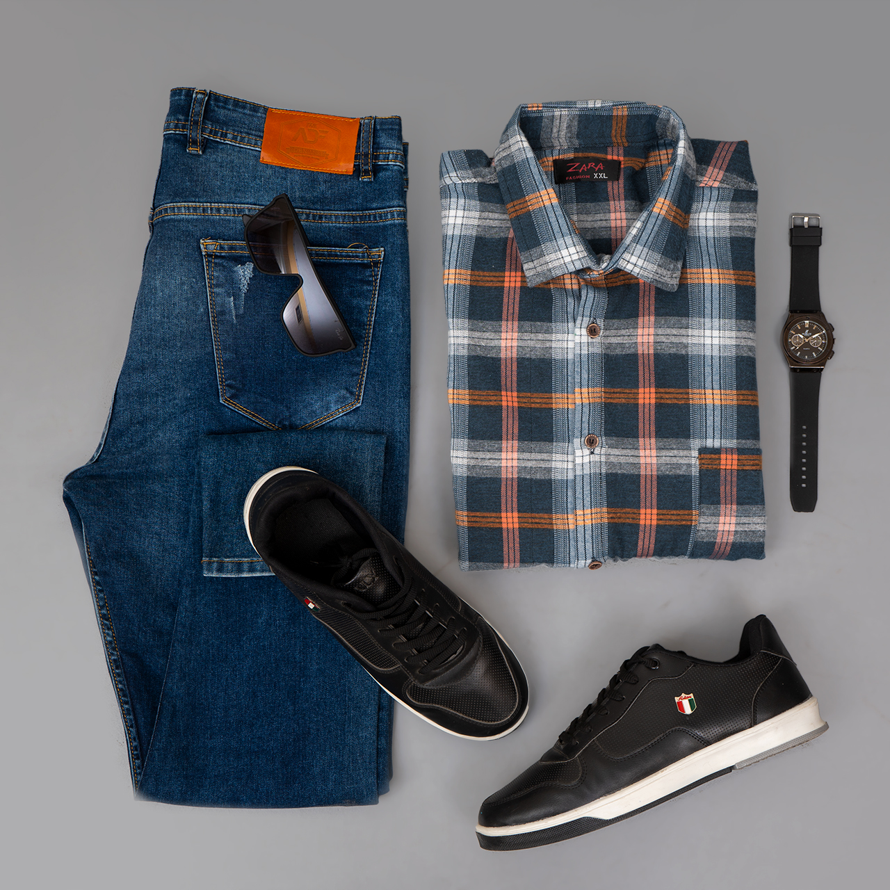 پیراهن مردانه چهارخونه آبی نارنجی مدل BEHRAD