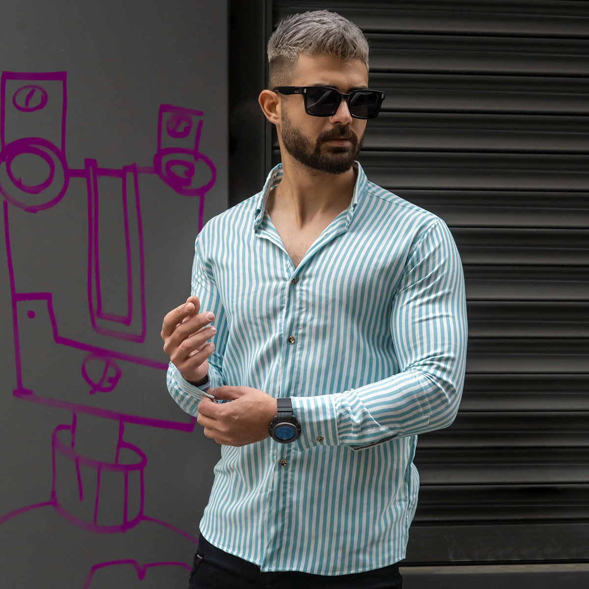 پیراهن راه راه آبی سفید مردانه مدل HAMED