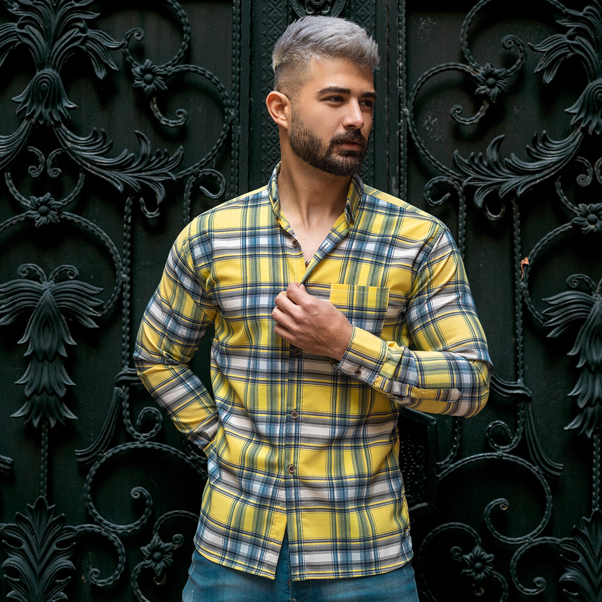پیراهن مردانه چهارخونه لیمویی مدل Damin