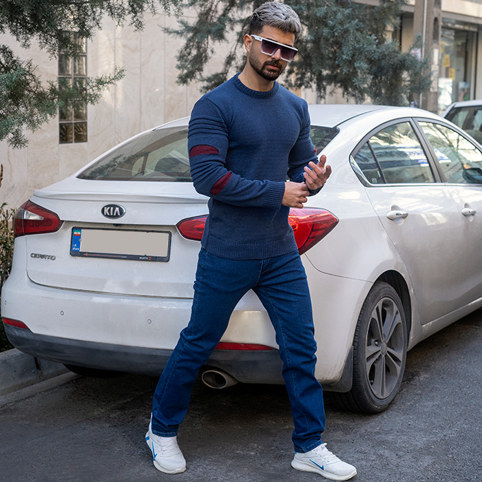 پلیور بافت مردانه آبی نفتی مدل solan زاپ زرشکی