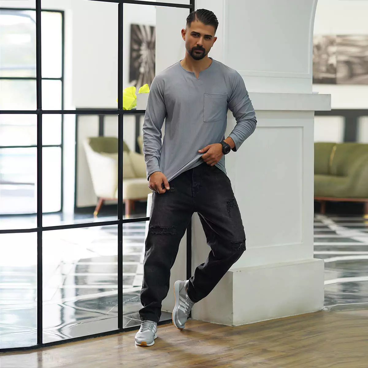 تیشرت آستین بلند یقه کوبایی طوسی مردانه مدل Asam