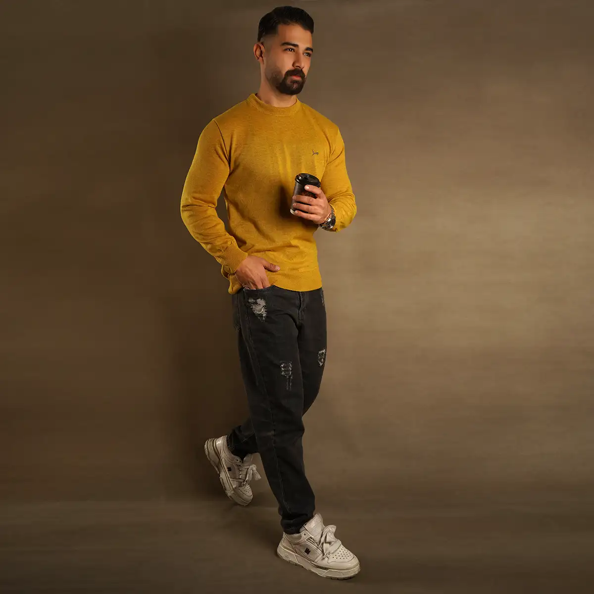 پلیور یقه گرد پوما خردلی مدل Danyal