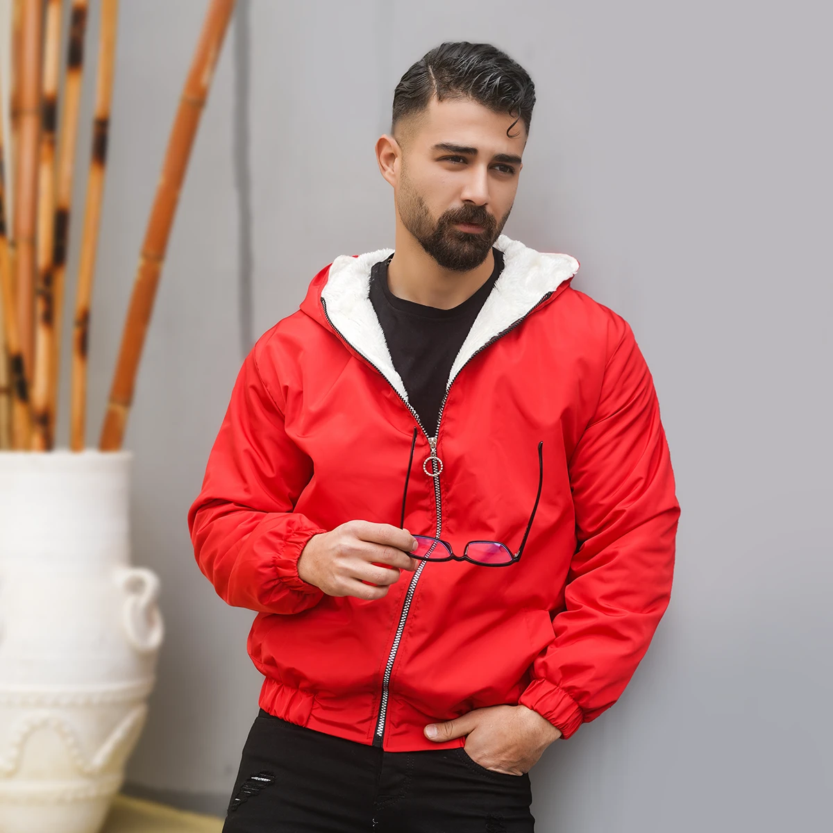 کاپشن داخل پشمی مردانه قرمز مدل Massoud