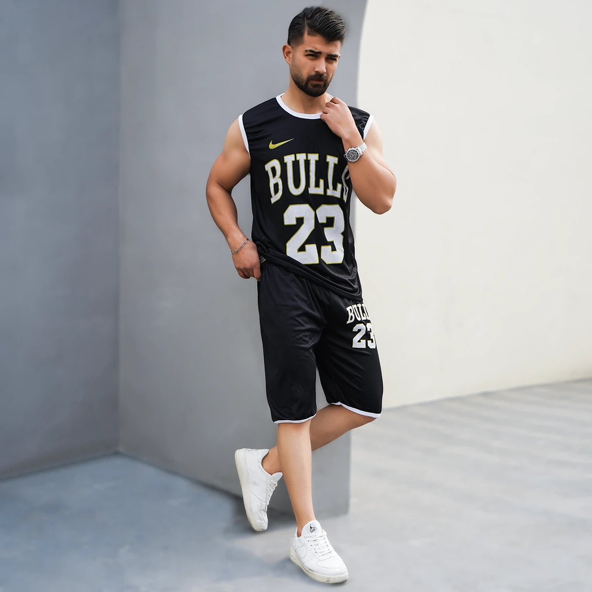 ست رکابی شلوارک مشکی مردانه مدل bulls 23