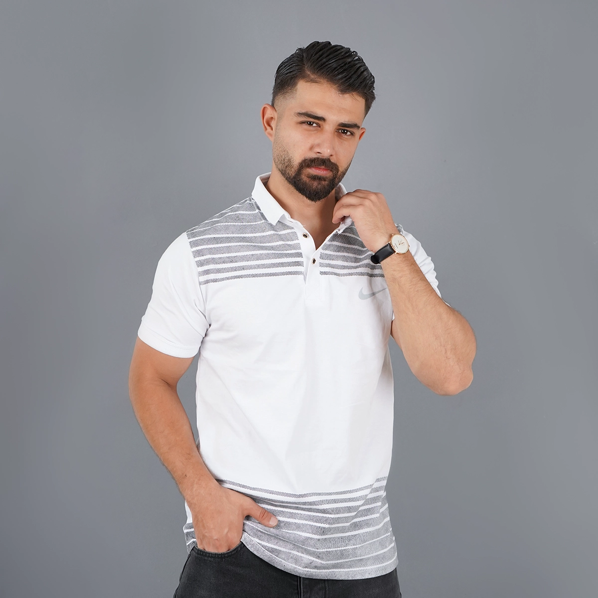 تیشرت یقه دار راه راه سفید مدل Farhan