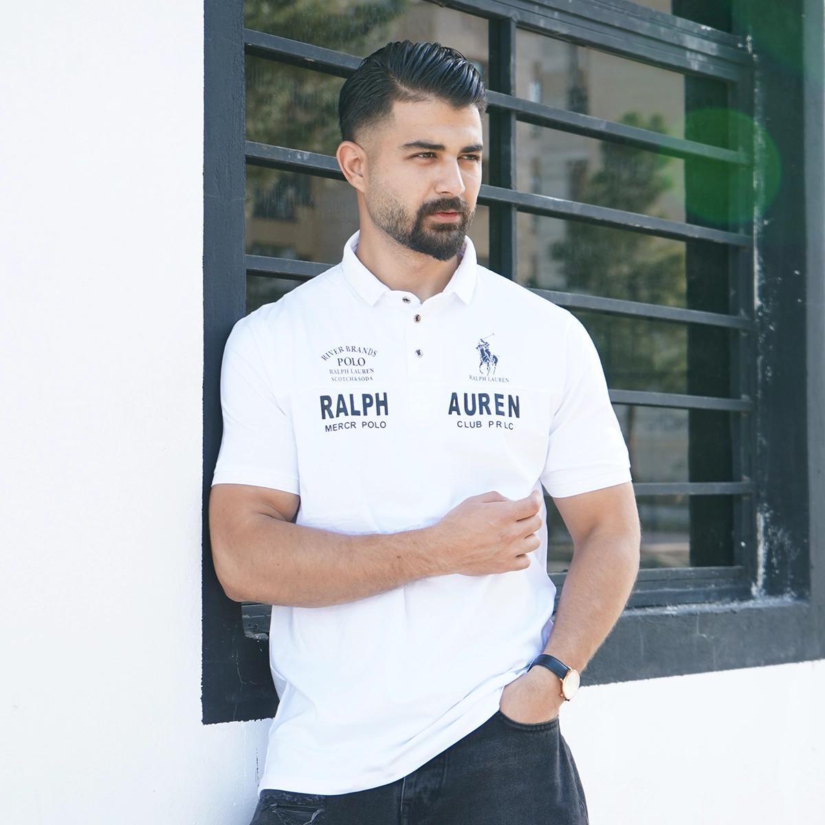 تیشرت یقه دار سفید مردانه مدل Ralph