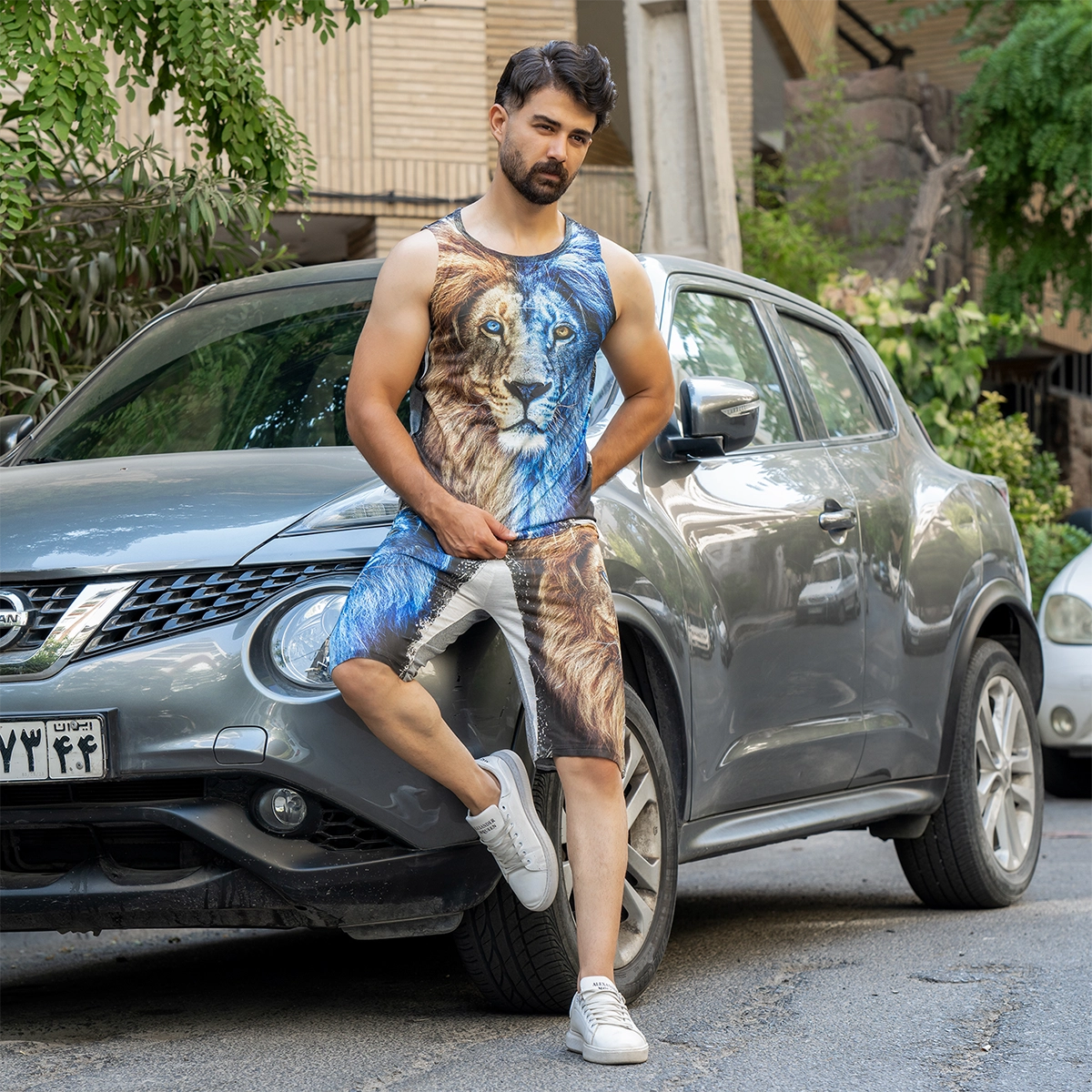 ست رکابی شلوارک مردانه طرح شیر دورنگ