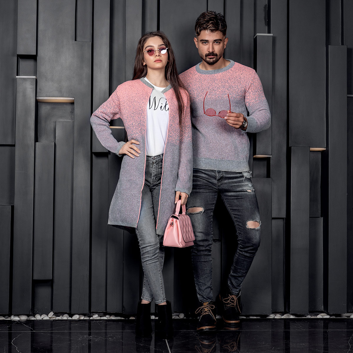 ست بافت طوسی صورتی مدل Shiba