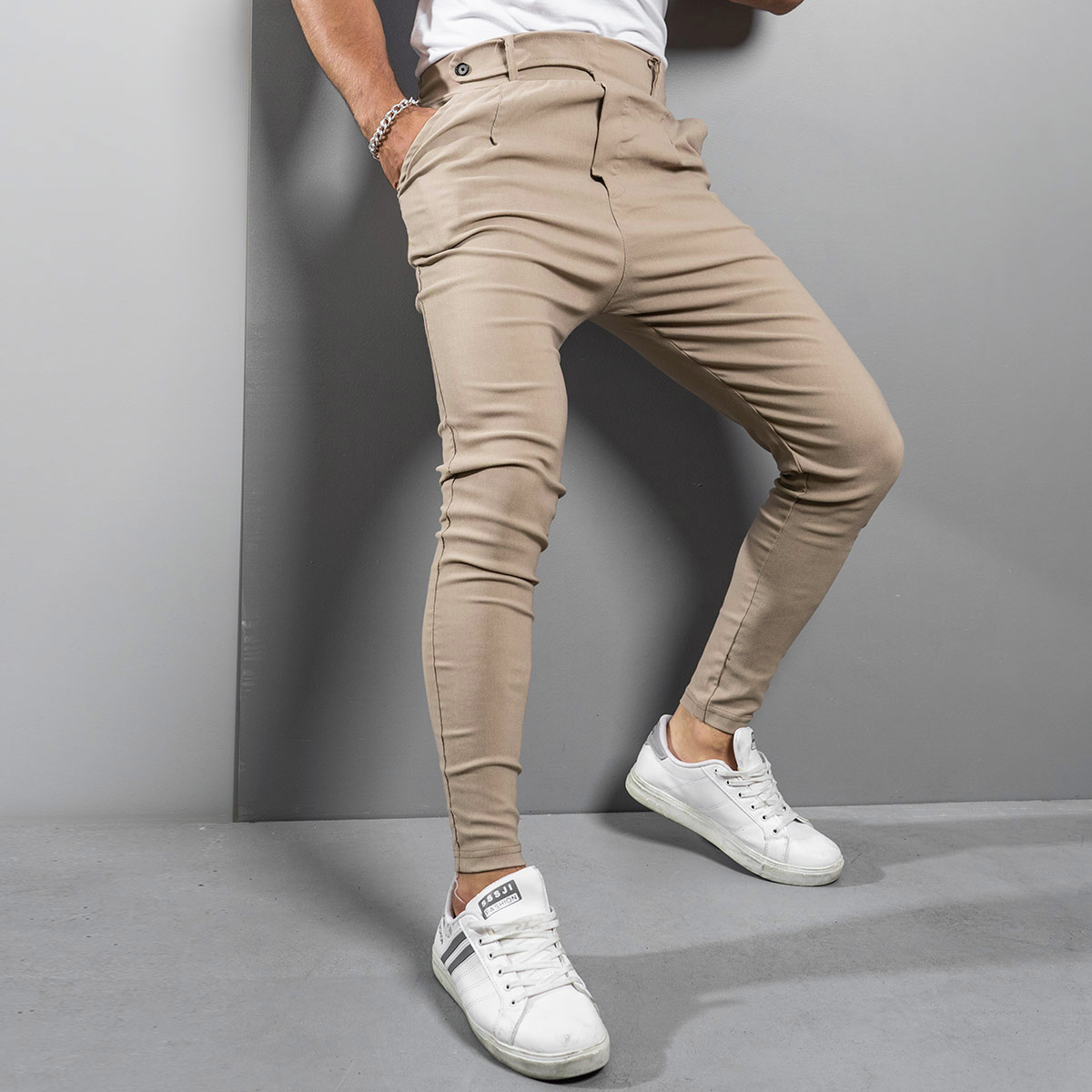 شلوار اسلش کمربندی کرمی مردانه مدل Zaros