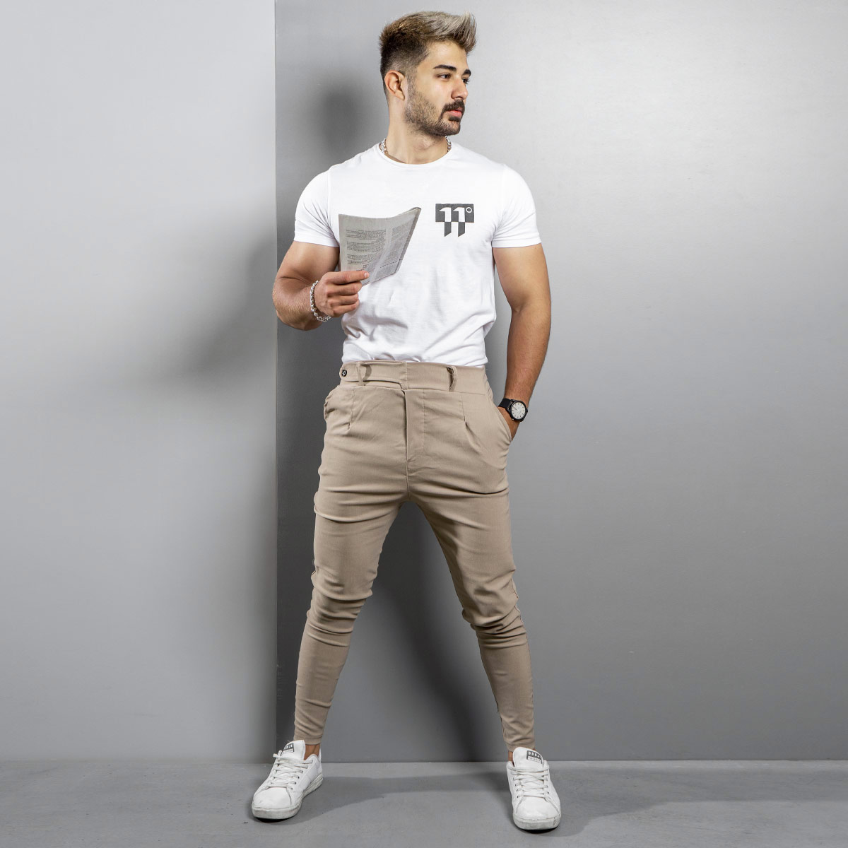 شلوار اسلش کمربندی کرمی مردانه مدل Zaros